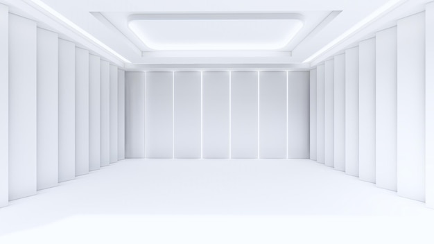 Intérieur de salle vide blanc moderne avec lumière LED blanche, rendu 3d