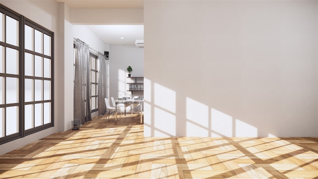 Intérieur de la salle vide avec plancher en bois sur mur blanc. Rendu 3D