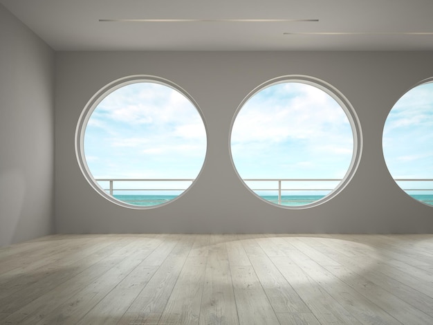 Intérieur d'une salle vide avec vue sur la mer rendu 3D