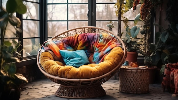 l'intérieur d'une salle à vivre avec une grande fenêtre une chaise et une tasse de thé