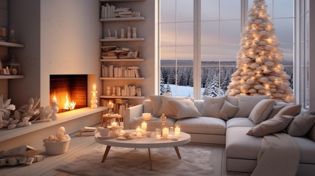 Intérieur d'un salon blanc moderne avec décoration de Noël Cheminée flamboyante bougies allumées arbre de Noël élégant canapé confortable étagères grande fenêtre avec vue sur la forêt d'hiver