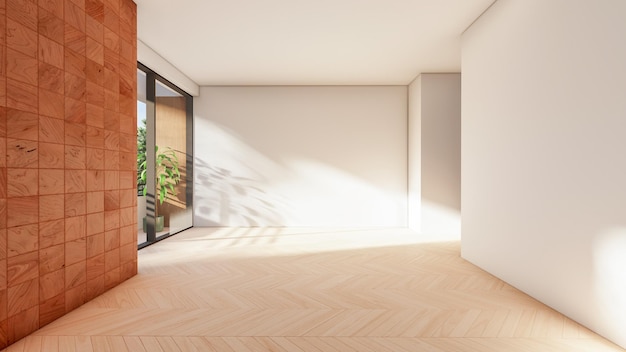 Intérieur de salon blanc moderne et élégant avec mur et sol en bois, rendu 3d