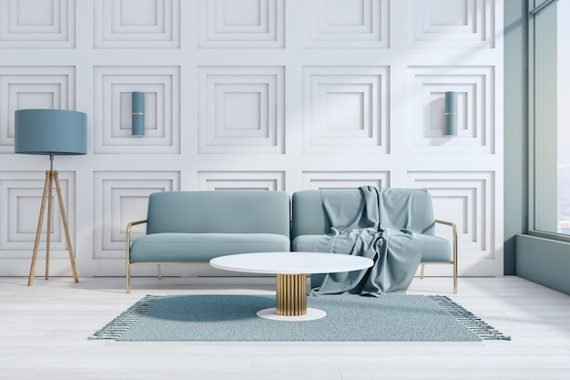 Intérieur de salon blanc moderne avec fenêtre de meubles et vue sur la ville Concept de design et de style Rendu 3D