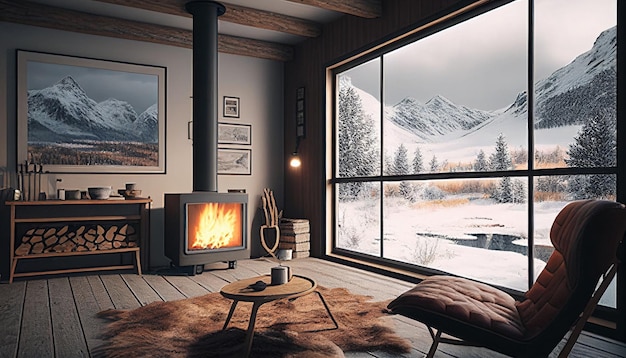 Intérieur d'un salon de chalet de montagne avec une cheminée dans la vue sur le paysage enneigé d'hiver depuis les fenêtres Generative AI