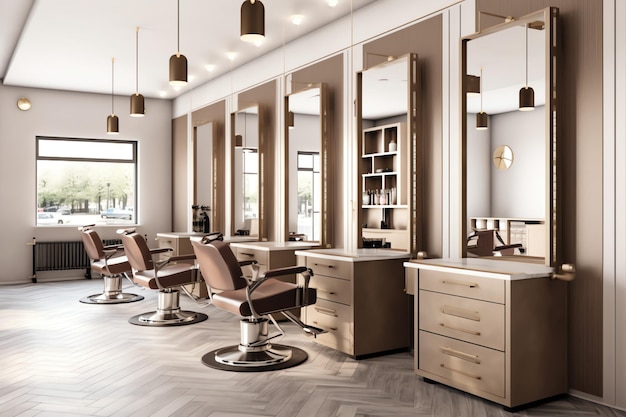 Intérieur de salon de coiffure moderne avec chaise miroirs et autres équipements près des fenêtres