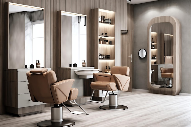 Photo intérieur de salon de coiffure moderne avec chaise miroirs et autres équipements près des fenêtres