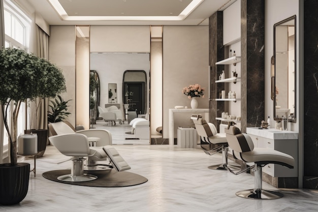 Intérieur d'un salon de coiffure moderne avec des murs en marbre blanc et noir sol carrelé et chaise de coiffeur rendu 3d design d'intérieur moderne et élégant AI généré