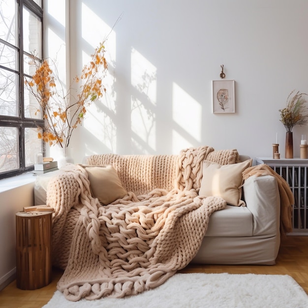 Intérieur de salon confortable avec couverture tricotée sur canapé