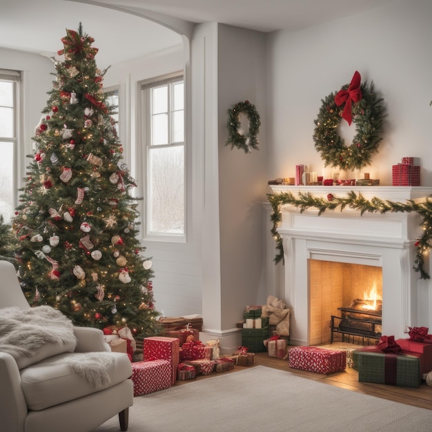 Un intérieur de salon confortable, luxueux et moderne avec des coffrets cadeaux sous un sapin de Noël décoré