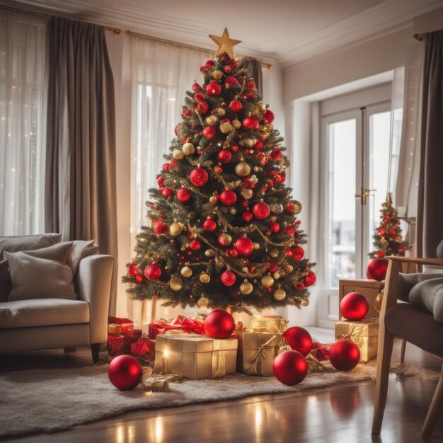 Un intérieur de salon confortable, luxueux et moderne avec des coffrets cadeaux sous un sapin de Noël décoré