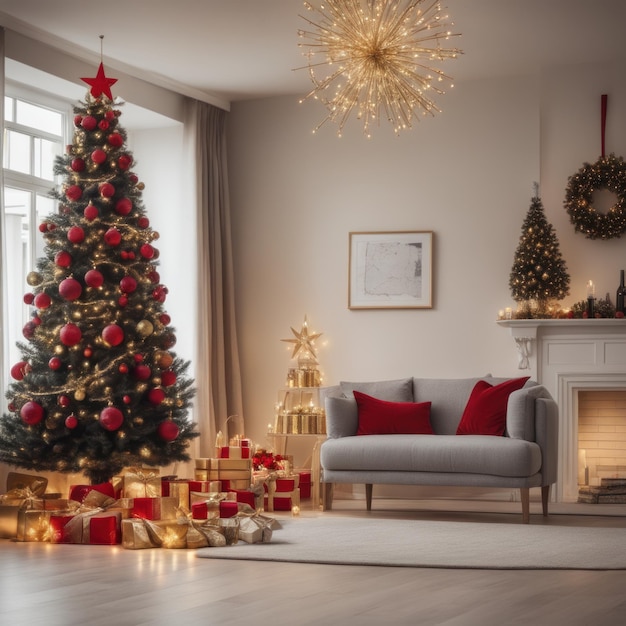 Un intérieur de salon confortable, luxueux et moderne avec des coffrets cadeaux sous un sapin de Noël décoré