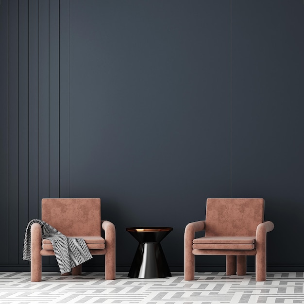 Intérieur de salon confortable moderne et fond de texture de mur noir vide