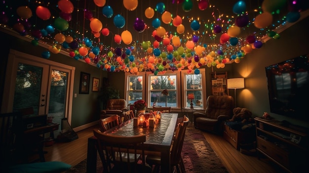 Intérieur d'un salon décoré de ballons colorés et de bougies