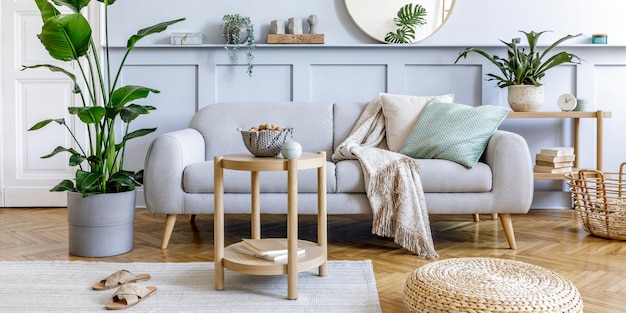 Intérieur de salon élégant avec canapé gris design, table basse, pouf, panier, étagère, miroir, plantes tropicales, décoration, tapis, oreillers et accessoires personnels élégants dans un décor moderne.