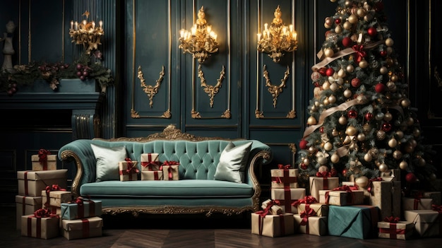 Intérieur d'un salon élégant orné d'un sapin de Noël et de cadeaux de Noël