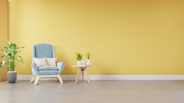 Intérieur de salon avec fauteuil en tissu, livre et plantes sur fond de mur jaune vide.