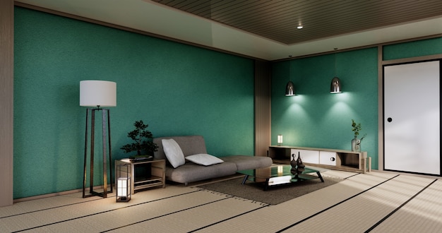 Intérieur de salon japonais à la menthe moderne, canapé et table d'armoire sur fond de mur blanc de la chambre. Rendu 3D