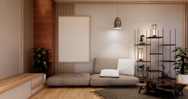 Intérieur de salon japonais moderne, canapé et table d'armoire sur fond de mur blanc de la chambre. Rendu 3D