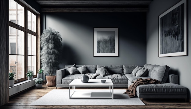 Intérieur de salon loft élégant avec fenêtre panoramique et canapé gris Generative AI
