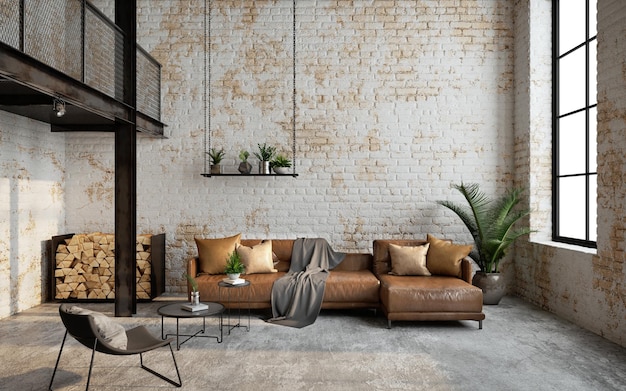 Photo intérieur de salon loft industriel avec canapé et mur de briques