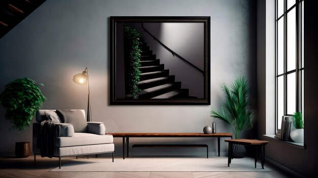 Intérieur de salon de loft de style moderne avec un cadre noir pour une affiche photo IA générative