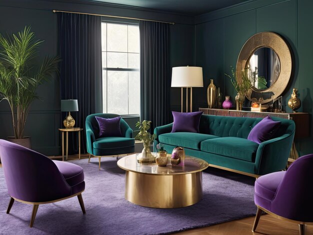 Photo intérieur de salon de luxe avec fauteuils en velours, canapé et table basse