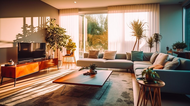 Intérieur de salon de luxe moderne avec des meubles le soir avec des rayons de soleil