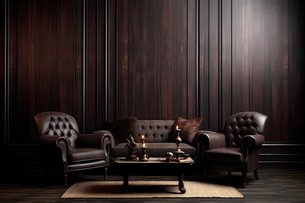 Intérieur d'un salon de luxe avec un mur en bois sombre