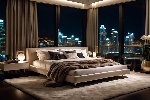 Intérieur de salon de luxe avec vue nocturne sur la ville Rendering 3D