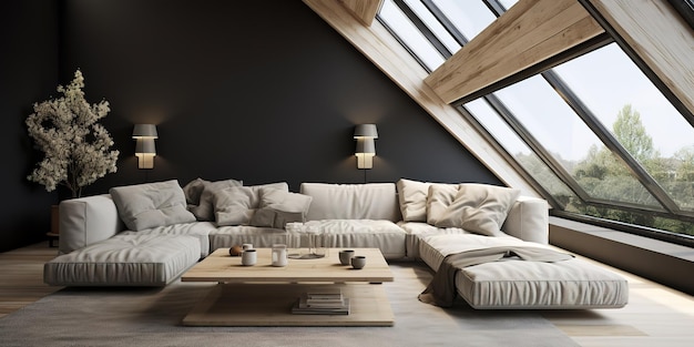 Intérieur de salon mansardé gris avec canapé simple élégant minimaliste