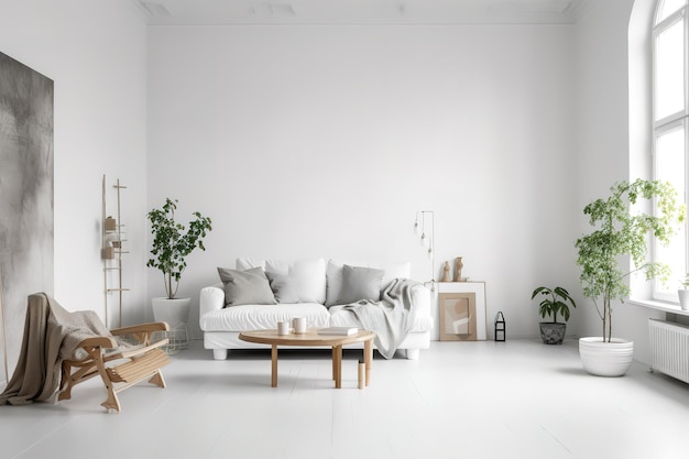 Intérieur de salon minimaliste blanc avec canapé sur un décor de parquet sur une grande IA générative