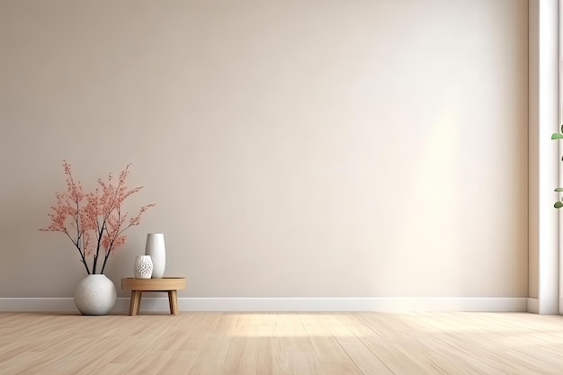 Intérieur de salon minimaliste avec décor de sol en bois sur un grand mur Generative ai