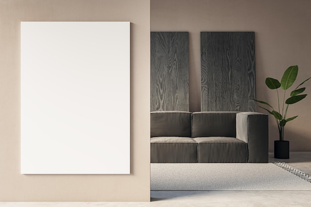 Intérieur de salon moderne avec une bannière blanche vide sur le canapé mural, une table à café et des planches de bois décoratives appuyées sur le mur 3D Rendering