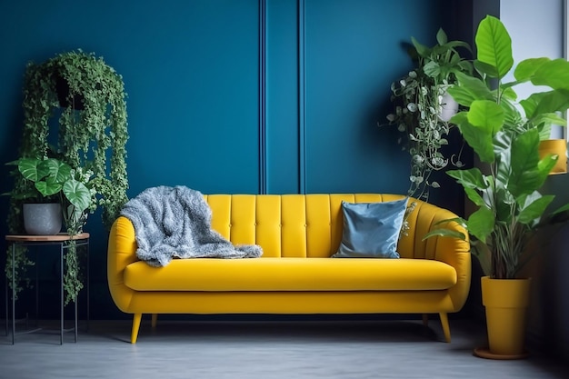 Intérieur de salon moderne Canapé jaune et plantes à côté d'un mur bleu vide créé avec la technologie Generative AI