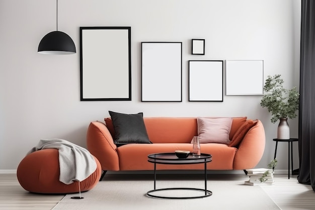 Intérieur d'un salon moderne avec canapé orange, table basse et trois cadres vierges sur le mur Rendu 3d Cadre d'affiche maquette sur le mur blanc dans un Scandin généré par l'IA