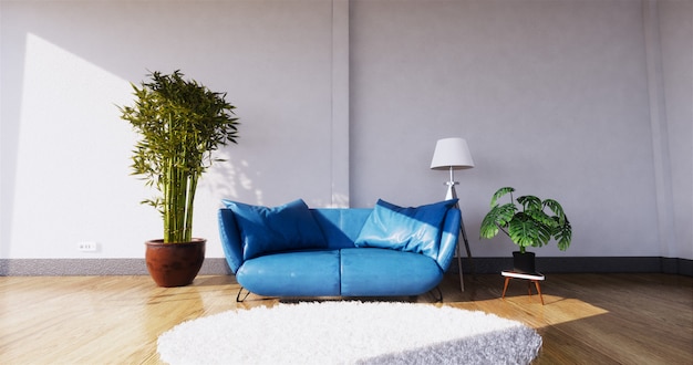 Intérieur de salon moderne avec canapé et plantes vertes, canapé sur le mur. Rendu 3d