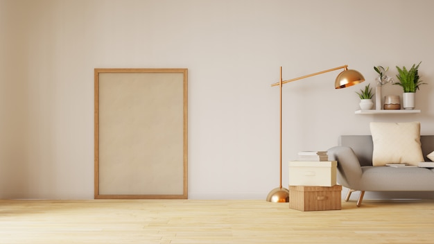 Intérieur de salon moderne avec canapé et plantes vertes, lampe, table sur le salon