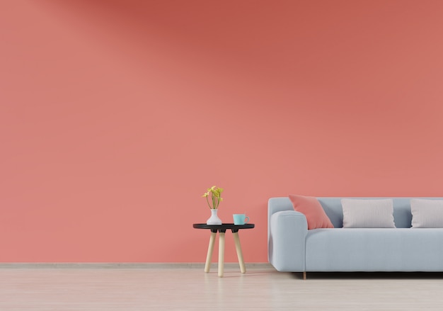 Intérieur de salon moderne avec canapé et plantes vertes, table sur fond de mur de couleur de vie corail, rendu 3d