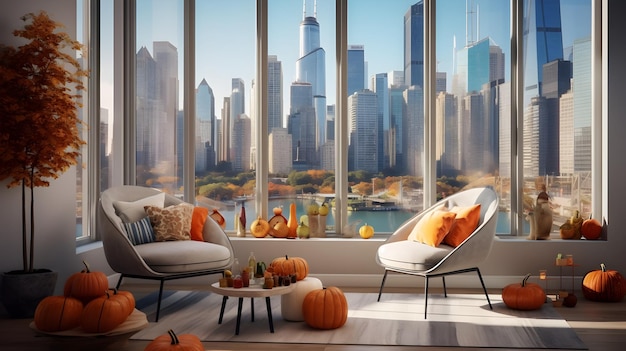Intérieur de salon moderne décoré pour Halloween fenêtres panoramiques avec gratte-ciel paysage urbain