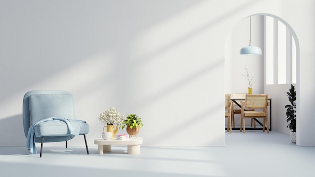 Intérieur de salon moderne et design de salle à manger avec mur blanc vide