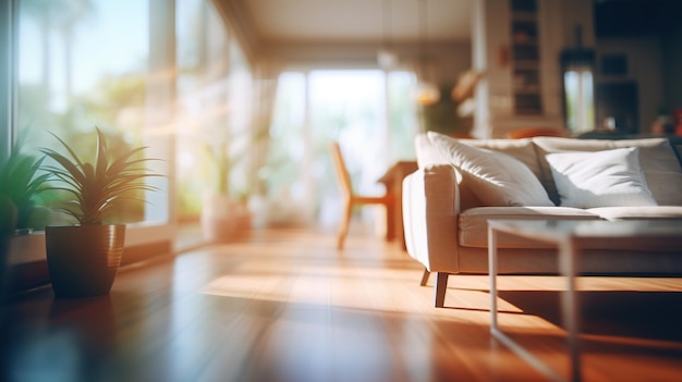 Intérieur de salon moderne flou avec un canapé élégant et une lampe en bois pour des arrière-plans captivants