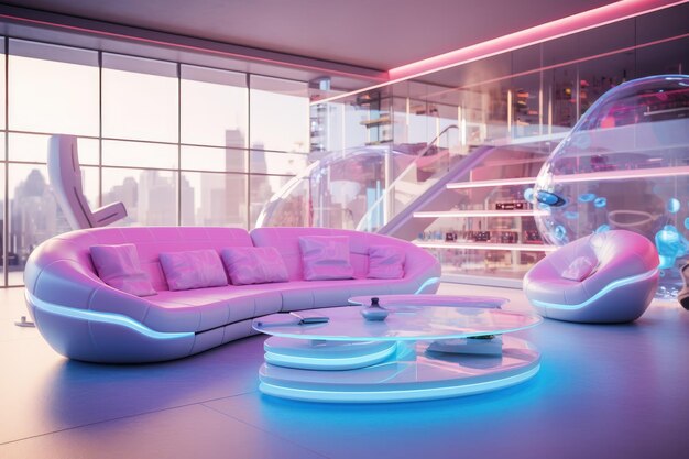 Photo intérieur de salon moderne futuriste avec des couleurs vives, des fauteuils et des décors