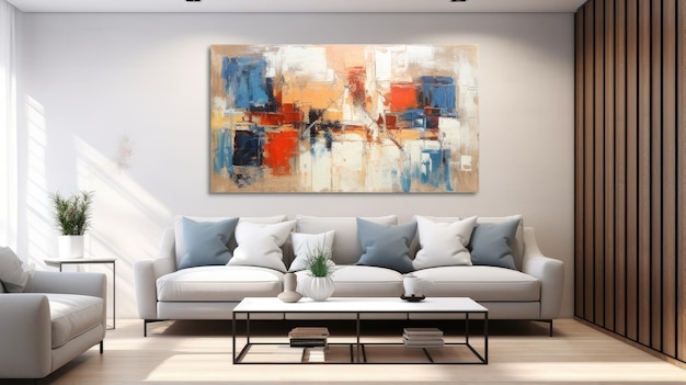 Intérieur de salon moderne avec une grande peinture au-dessus du canapé créé avec la technologie Generative AI