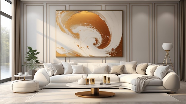 Intérieur de salon moderne avec des meubles et des images sur le mur Style léger Générer Ai