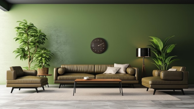 L'intérieur d'un salon moderne avec un mur vert et un canapé brun