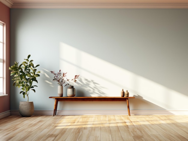 Intérieur d'un salon moderne avec murs blancs, parquet, plante verte dans un vase et banc en bois, IA générative