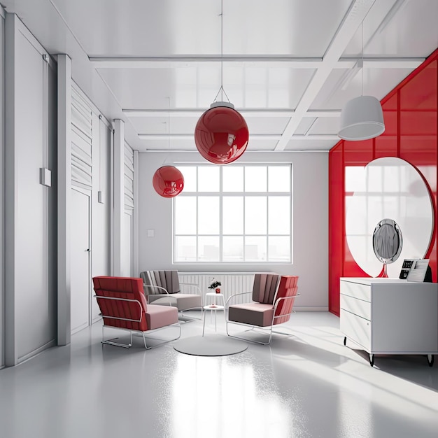 L'intérieur d'un salon moderne avec des murs blancs, un sol blanc et des fauteuils rouges