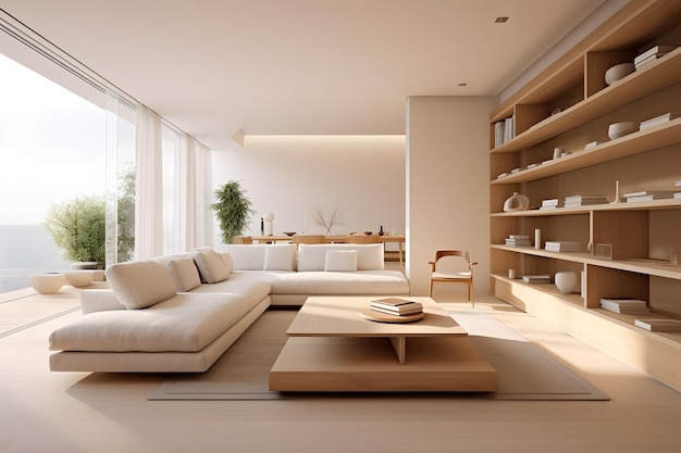 Intérieur d'un salon moderne avec des murs blancs sol en bois canapé beige et bibliothèque rendu 3D
