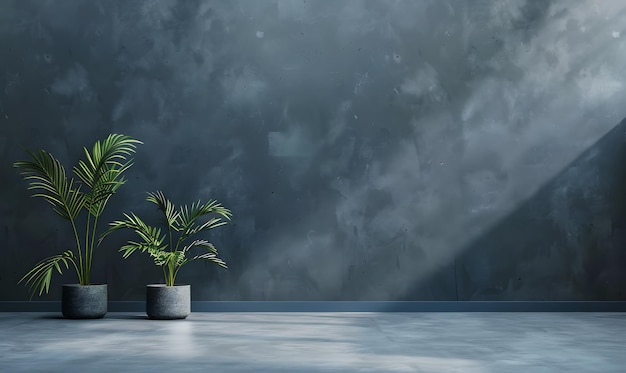 L'intérieur d'un salon moderne avec des murs gris et des plantes 3D