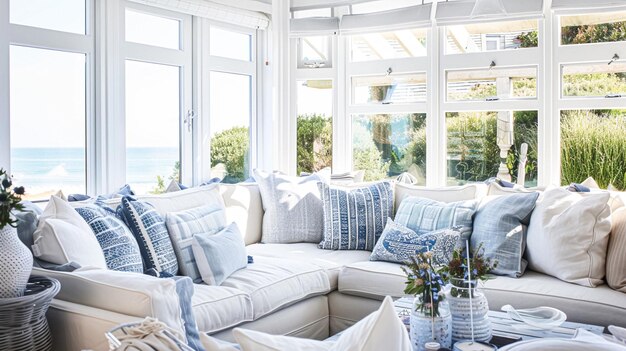 L'intérieur d'un salon avec des murs blancs, un canapé et des coussins, un salon dans un chalet côtier avec